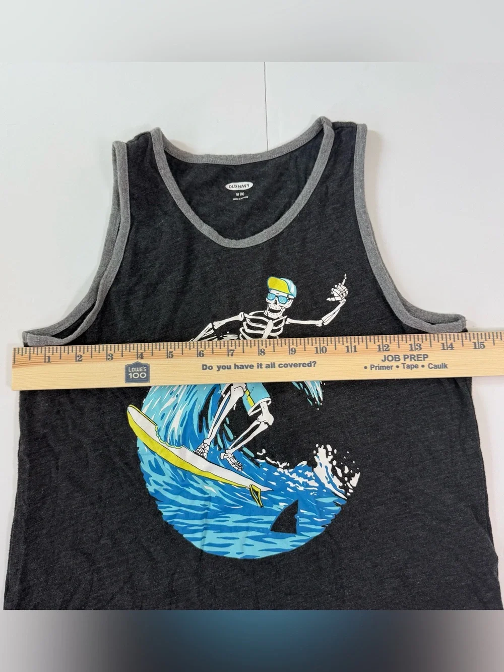 Old Navy Black Tank Top with Blue & Yellow Surf Skeleton Graphic